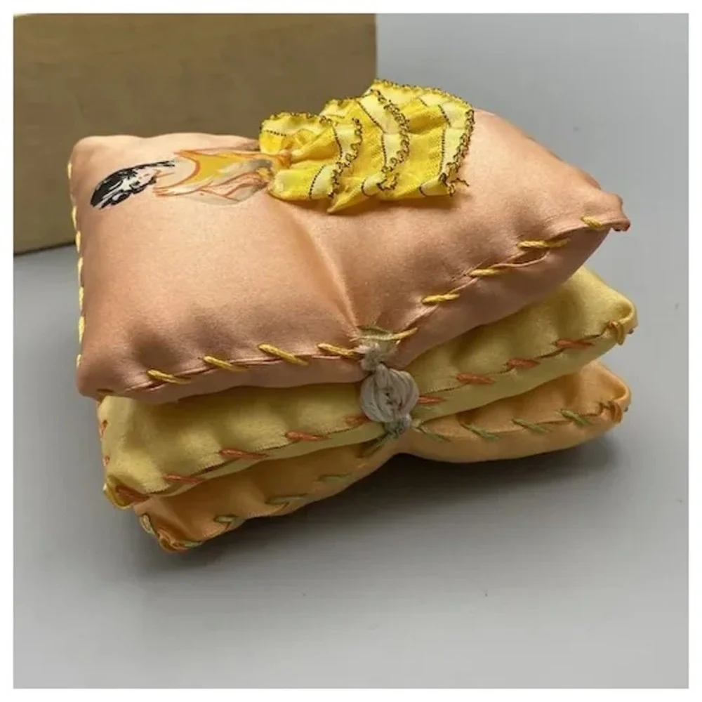 Vintage Handpainted Pillow Style Pincushion Girl‎ Ruffled Dress AS IS